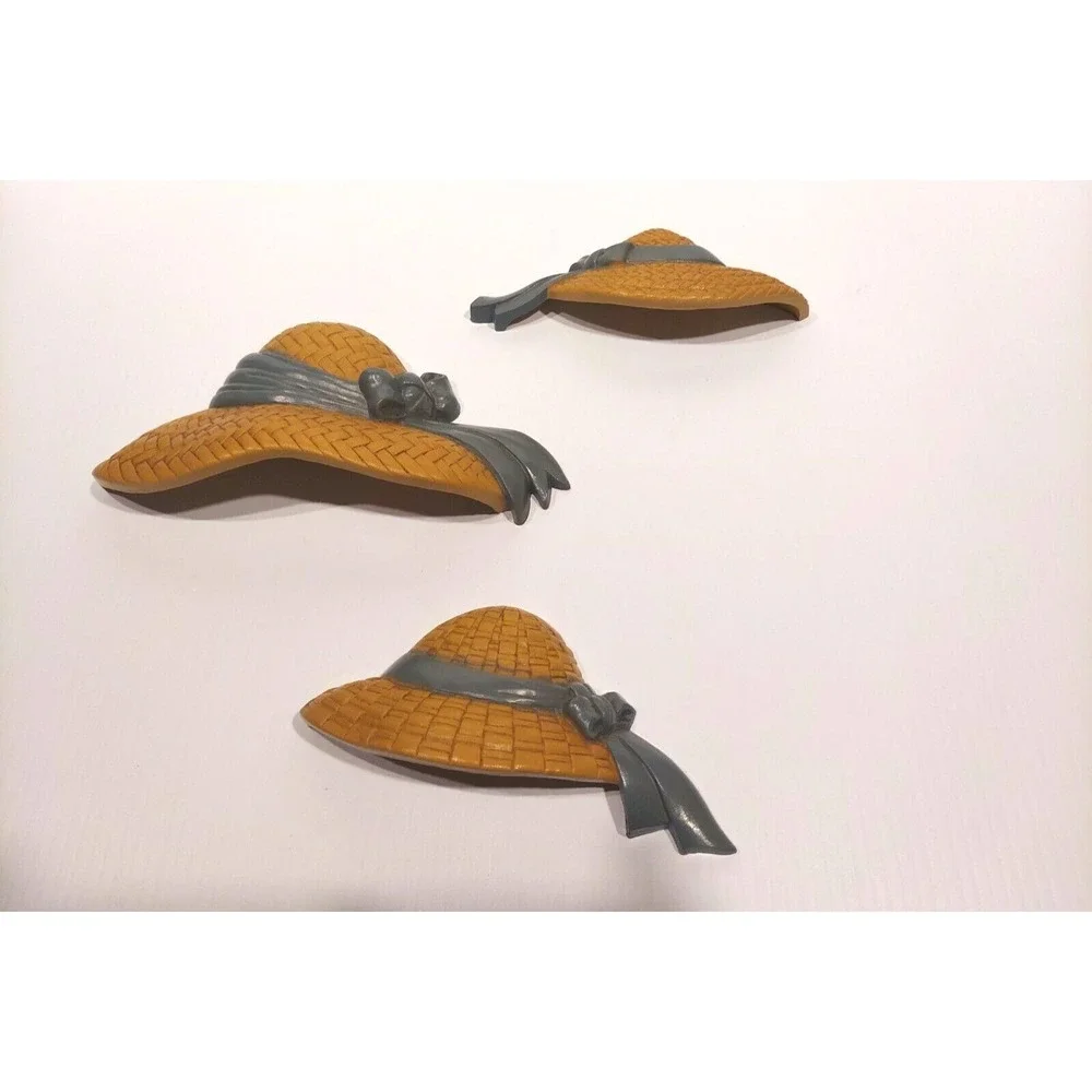 Lot of 3 Vintage‎ Homco Home Interior Wall Hanging  Bonnets Hats w/ Blue Ribbon